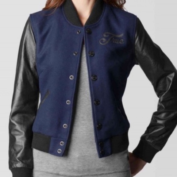 True Religion Richie Varsity Letterman Bomber Jacket Women's M | Black & Blue - Picture 2 of 16